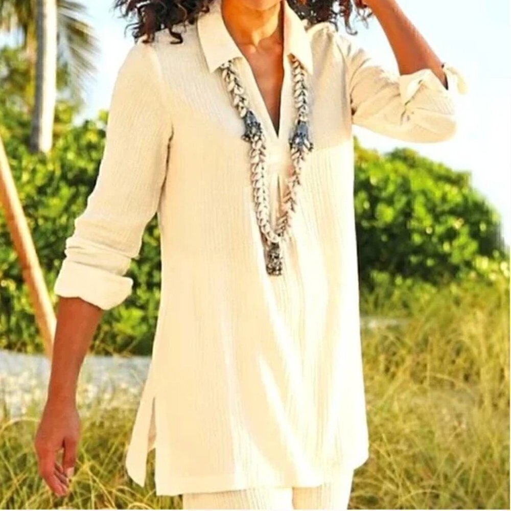 Soft Surroundings Key Biscayne Gauze Tunic 100% Cotton Ivory Medium
